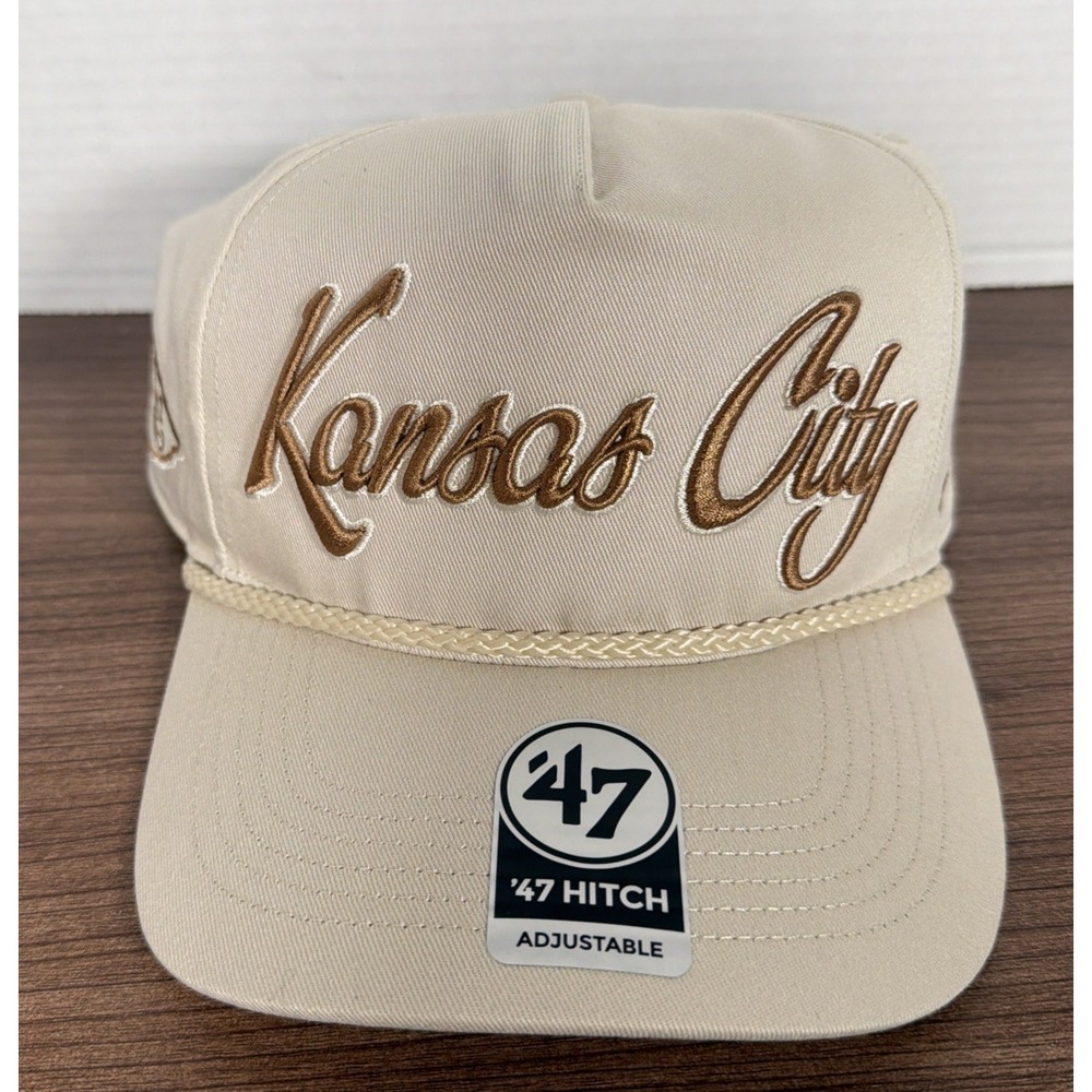 Kansas City Chiefs Script Logo Emblem Beige Rope Snapback '47 Retro NWT